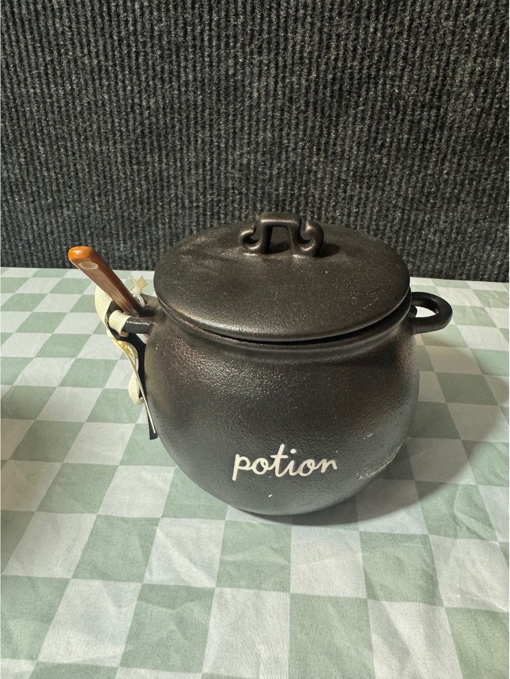 Rae Dunn Black Ceramic Potion Cauldron Jar with Lid and Ceramic “Wooden” Spoon